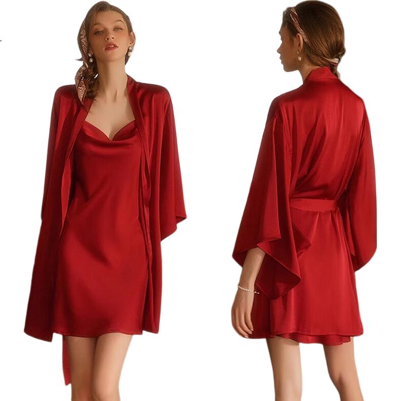 XUEXIMAN Roupão de Manhã, Roupa de Dormir para Noiva, Camisola Sexy Feminina de Seda Gelada com Alças Finas, Conjunto de Duas Peças, Roupão de Casamento Elegante, Roupa de Casa