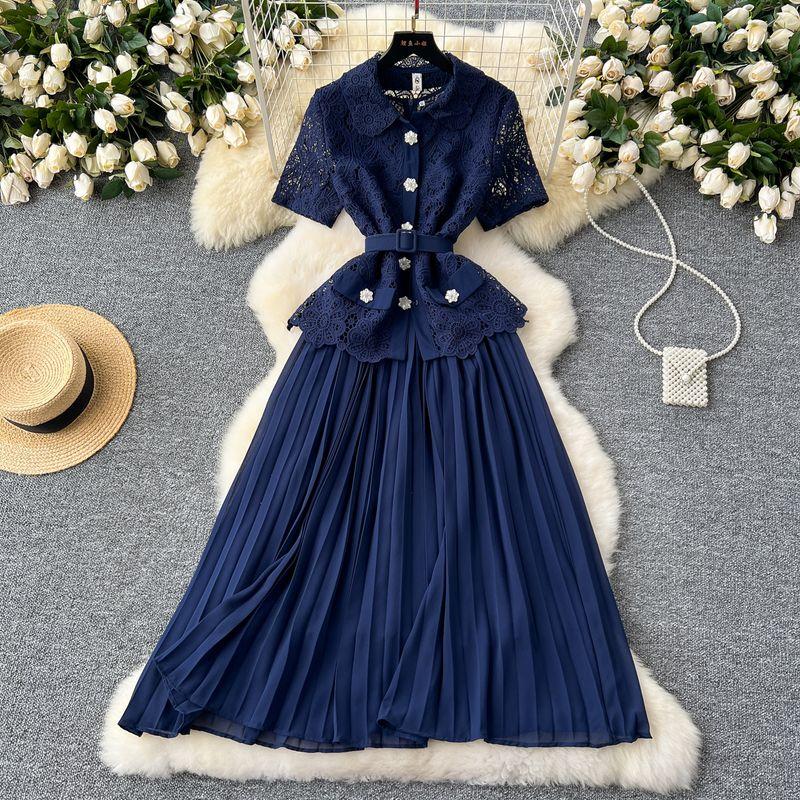 

French Socialite Small Dress Women Classic Style Fancy Short Sleeve Lace Tops + Sleeveless Chiffon Pleated Dress Blue L