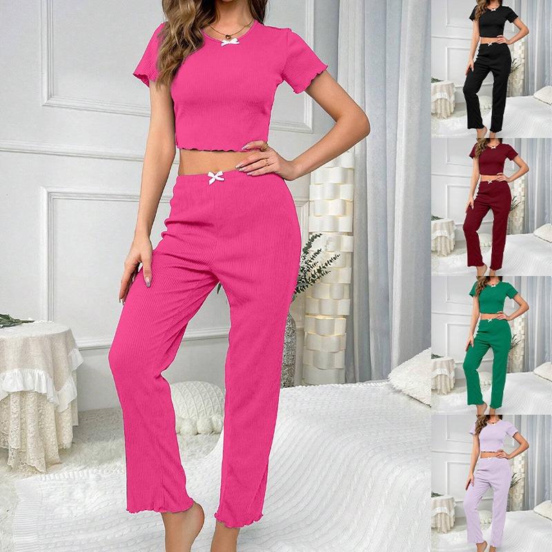 Women Stretch Wave Edge Short Sleeve Long Trousers Student Home Wear Suit Round Neck Solid Sleepwear Loungewear Ladies Pajamas