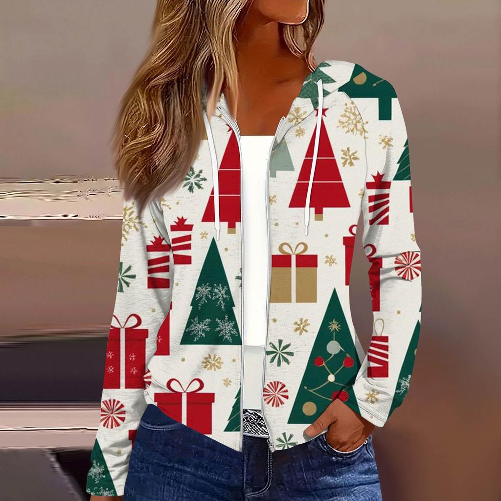 Dame Mote Juleprint Casual Glidelås Langermet Hettejakke