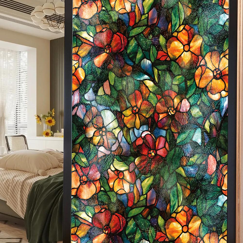 Double-sided Colored Window Privacy Film, Stained Glass Decorative Static Cling, Removable Laser Sun Blocking Vinyl Covering