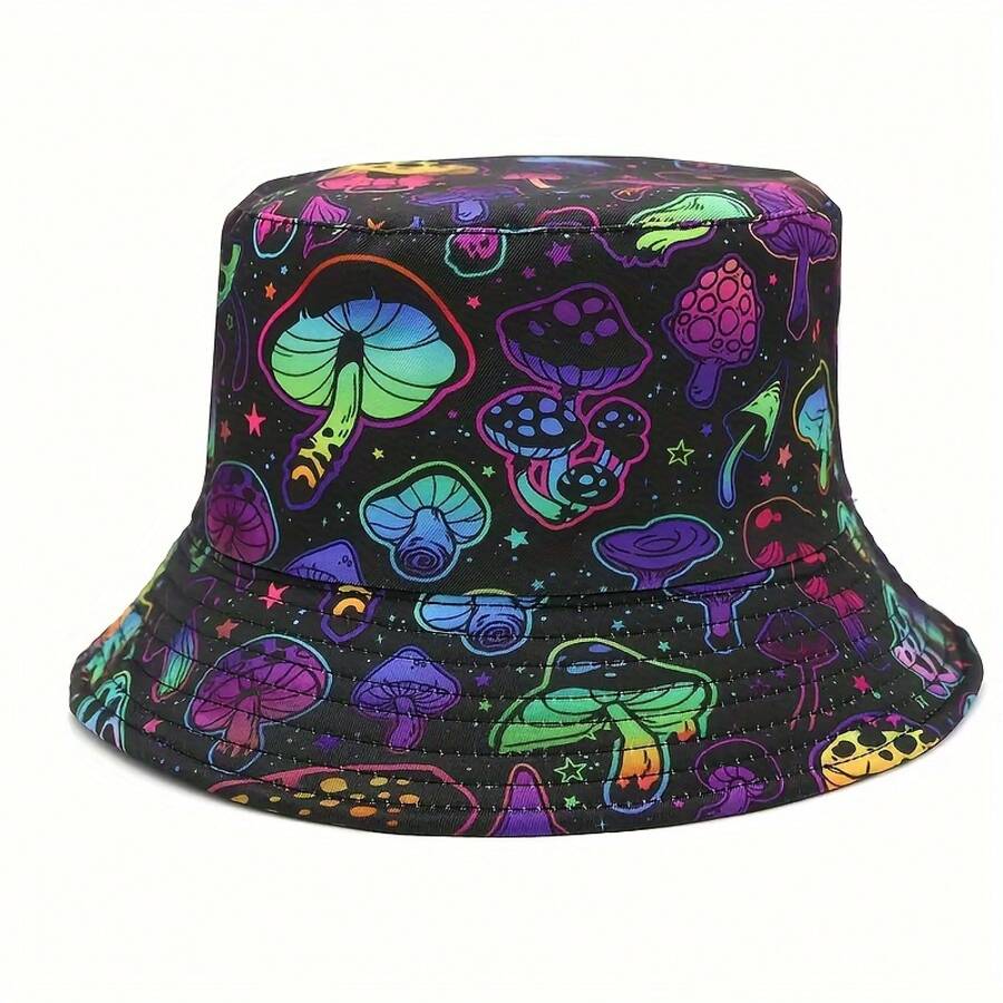 Adult Bucket Hat With Cartoon Mushroom Print, Lightweight Breathable Polyester Fisherman Cap For Outdoor