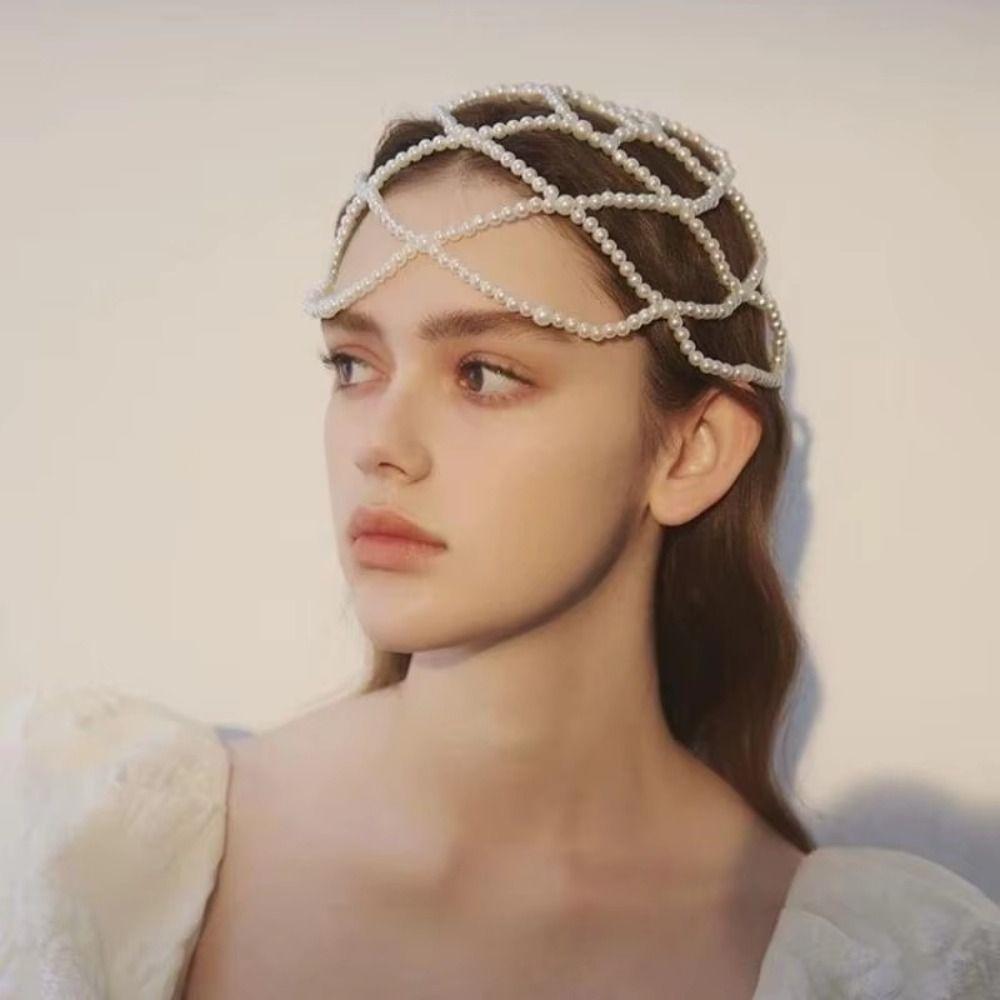 Hand-Made Pearl Hat Chain Pearls Weave Pearl Headpiece Stylish Bridal Head Ornament  Bridal Wedding
