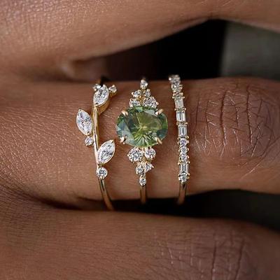 3-teiliges Set olivgrüne Zirkonia-Ringe für Frauen, Luxus-Goldfarbe, Eheringe, Jubiläumsparty, Modeschmuck