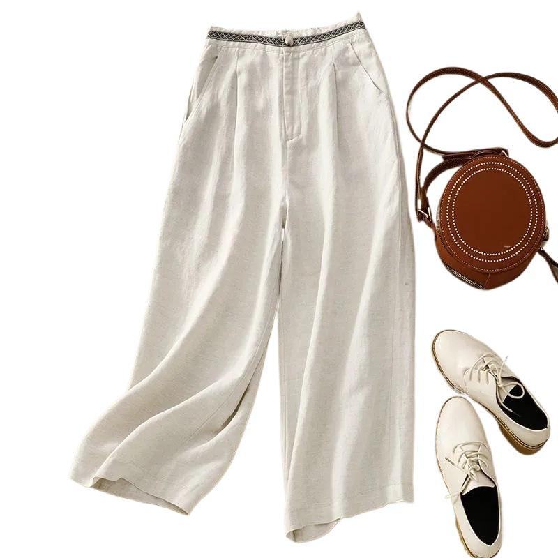 Pantalones de traje de pierna ancha de algodón y lino para mujer Moda de primavera y verano para mujer Pantalones casuales elegantes de cintura alta de nueve minutos para el trabajo