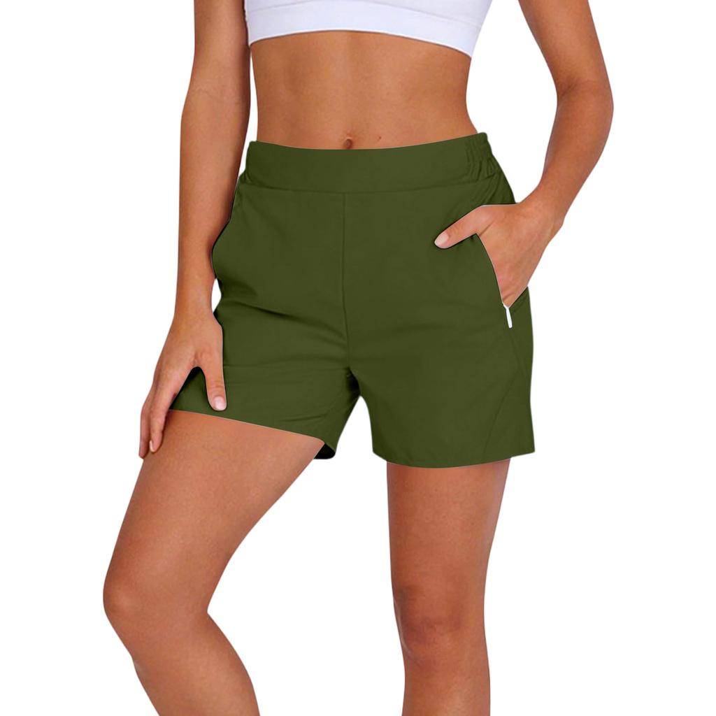 Women's Fashion Solid Color Athletic Casual Elastic Waistband Shorts with Zipper Pockets for Outdoor and Leisure Activities