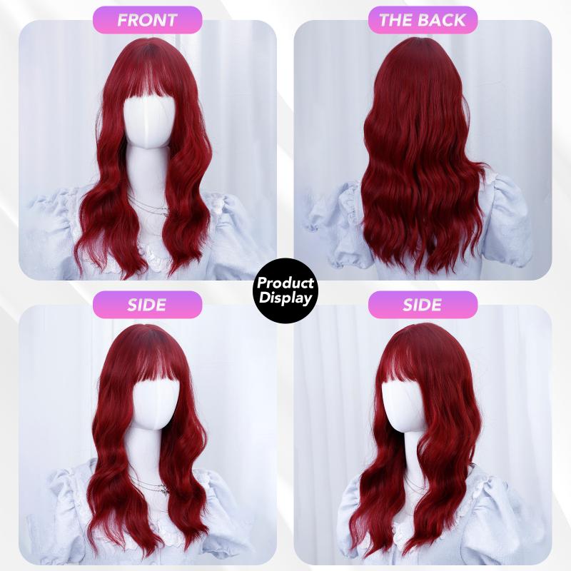 Red Water Curly Wave Bangs Wig 22 Inch  Fiber Synthetic Heat-resistant Deep Wave Hair Natural Party or Selfie Korean Fashion