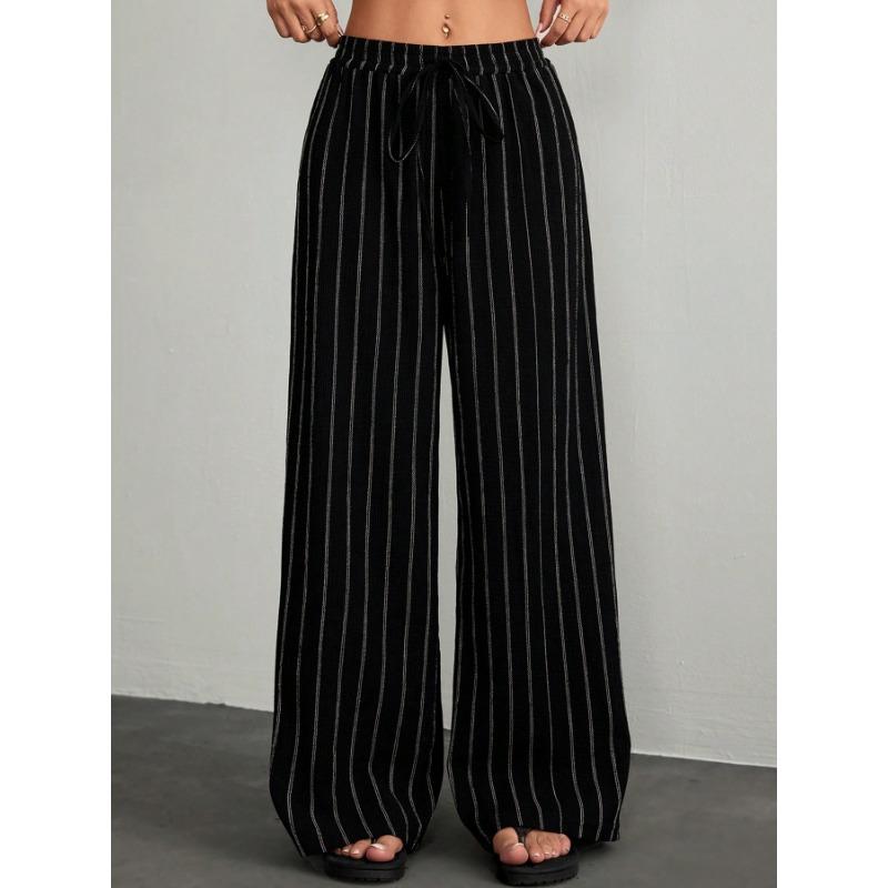 Women's Striped Wide Leg Pants Pinstripe Drawstring Elastic Waist Pants Casual