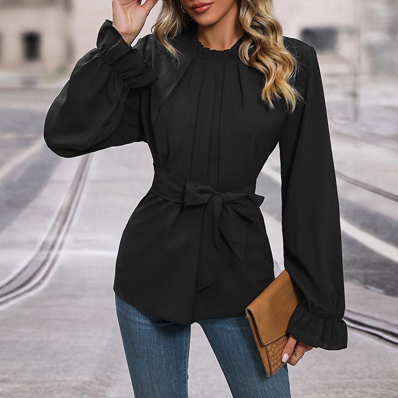 

Женская осенняя рубашка на шнуровке с длинным рукавом и кружевными плиссированными деталями S чёрный