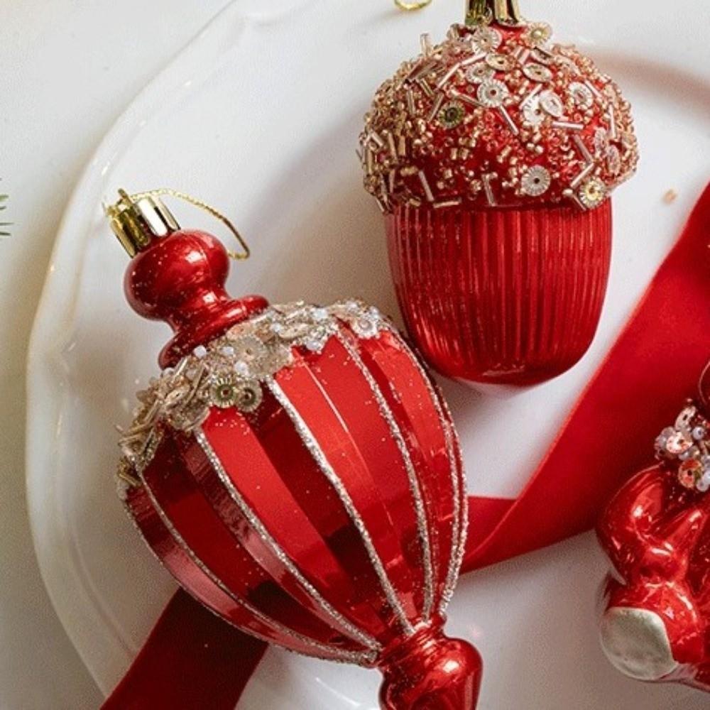 Red Christmas Tree Pendants Plastic Acorn Christmas Hanging Balls DIY Crafts Shatterproof Glitter Little Bear Ornaments