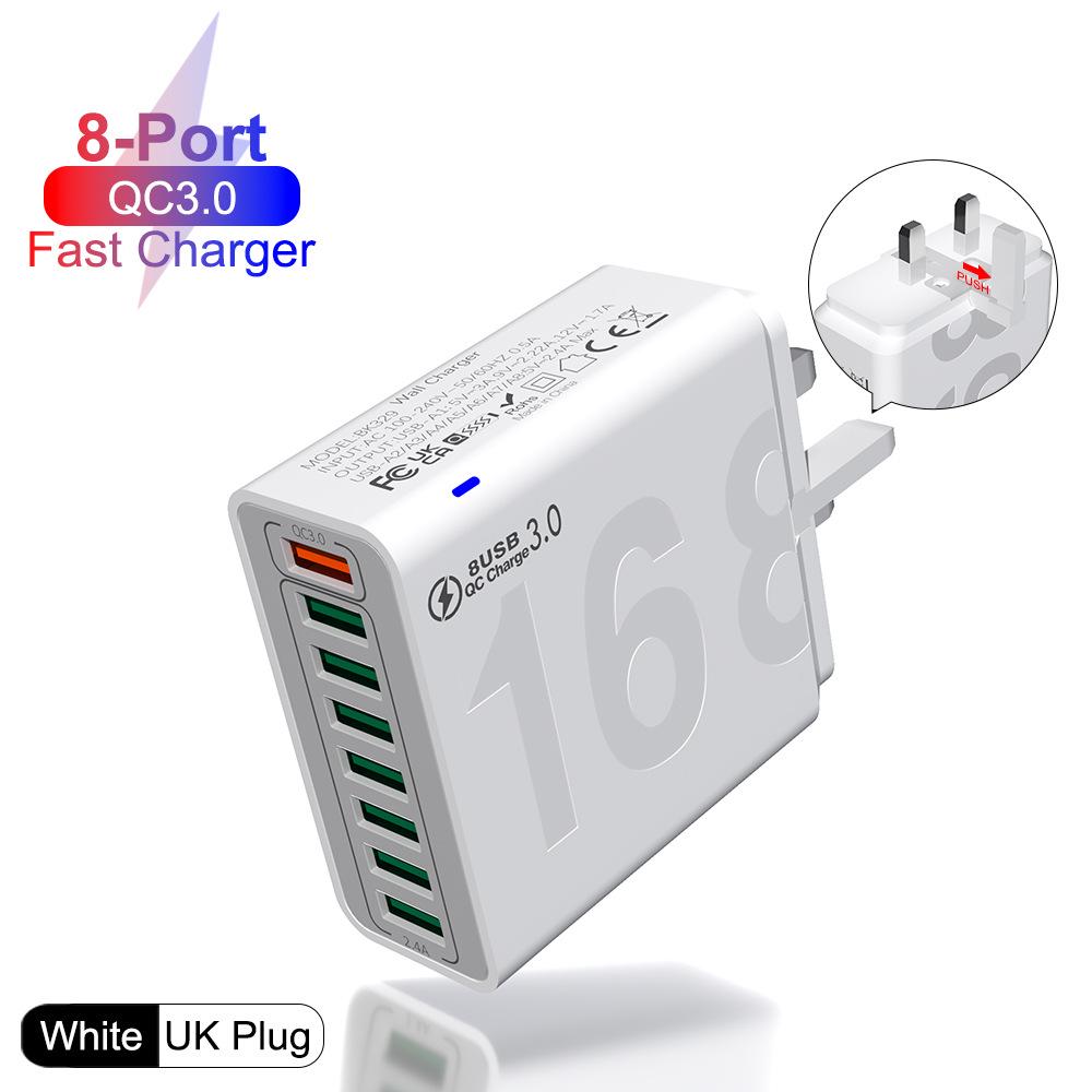 8-Port QC3.0 Fast Charging Travel Charger for Europe, America & Korea - Mobile Phone Charger