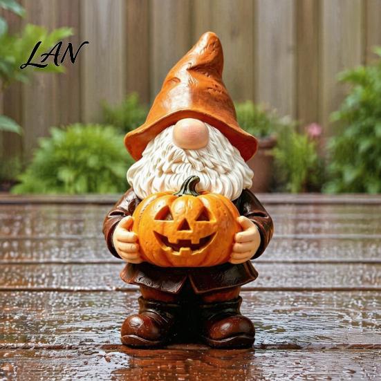 Unique Outdoor Garden Decor Halloween Gnome Statue, Faceless Holding Pumpkin Sculpture, Fall Figurine Waterproof Resin Statue for Porch Yard Autumn