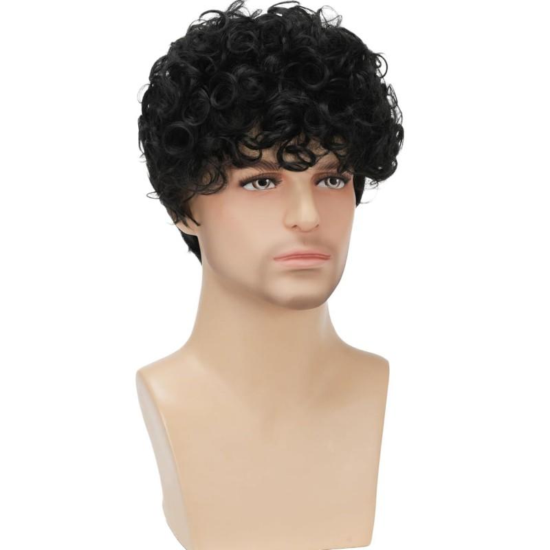 Afro Mens Short Curly Wig Cap Machine-Made Synthetic Hair Heat Resistant Any Face Skin Tone