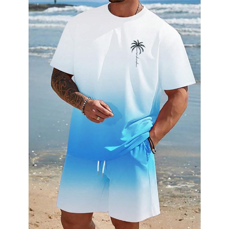 Herren Kurzarm Set Farbverlauf Print T-Shirts Shorts mit Kordelzug Urlaubsstrand Kurzarm Oberteil Shorts Zweiteiliges Set