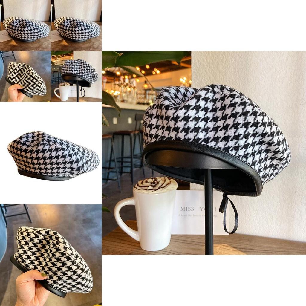 Classic Houndstooth Beret Women's Flat Top Hat In Black Summer Edition
