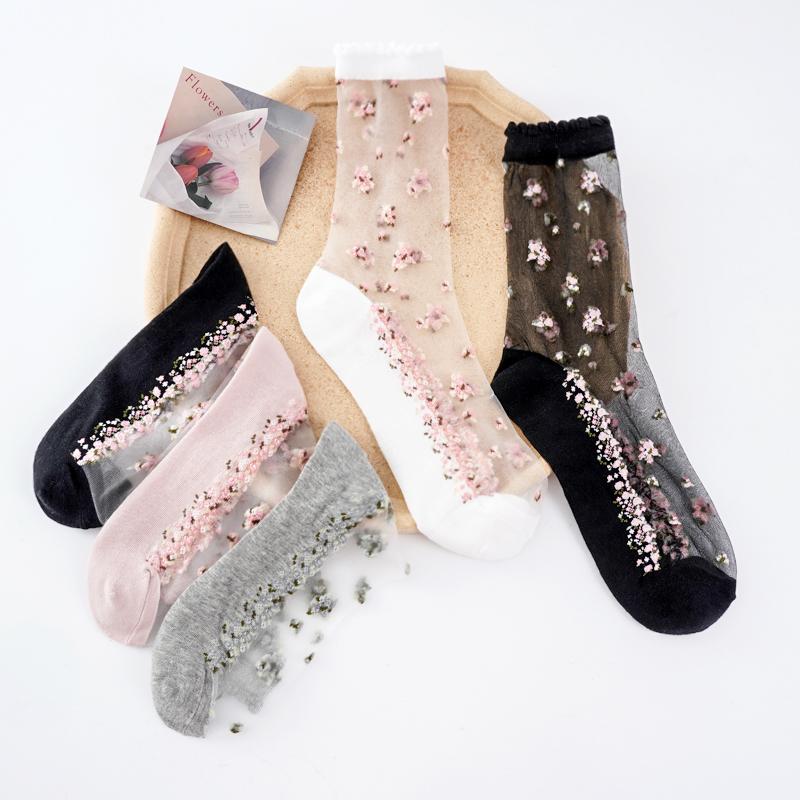 Ultra-thin Transparent Crystal Silk Socks Women Fashion Summer Harajuku Crew Socks Elastic Long Socks