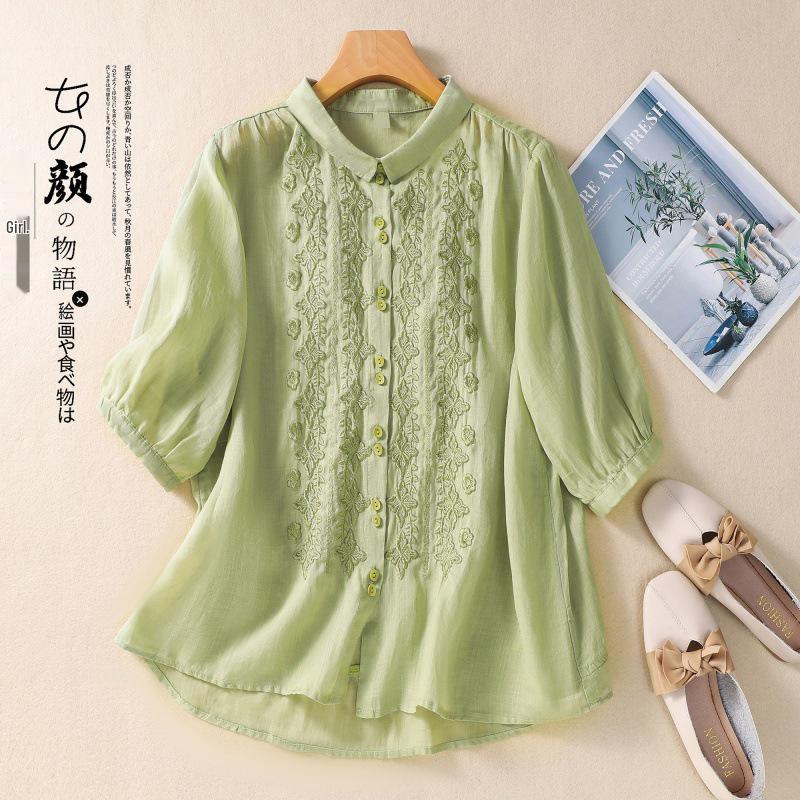 2025 Summer Women's Seven-Sleeve Cotton Linen Shirt with Floral Embroidery and Retro Turn-Down Collar