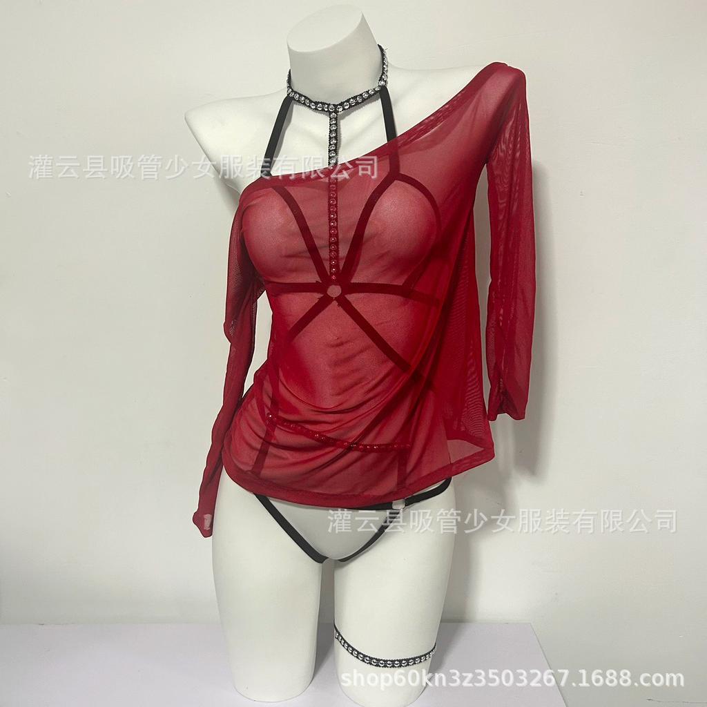Sexy Underwear, Sexy Suspenders, Tight Rivets, Three-point Mesh See-through One-word Shoulder Skirt