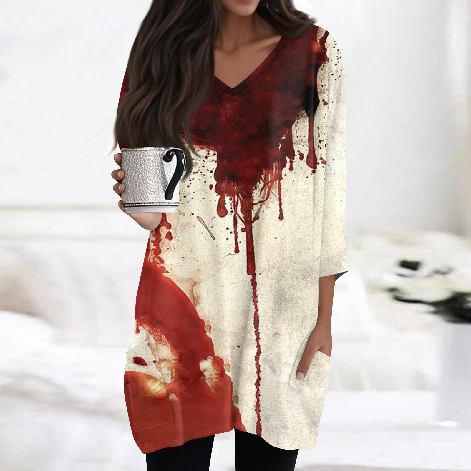 

Женская модная повседневная футболка с принтом на Хэллоуин, V-образным вырезом, средней длины, с карманом, рукавом 3/4 M красный