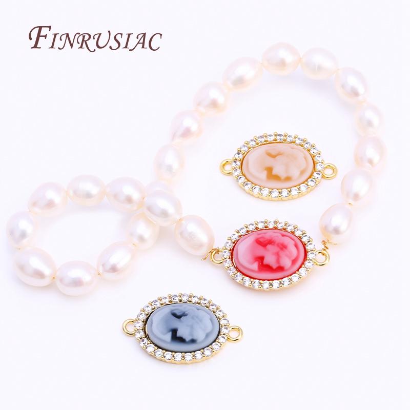 3 Colors Inlaid Zircon Oval Cameo Pendants For Necklace Making,18K Real Gold Plated Connector Charm For DIY Bracelet Material