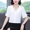 Women's Buttons Blouse Summer Korean Solid Blue White Tops Ladies Short Sleeve Office Peter Pan Collar Chiffon Blouses