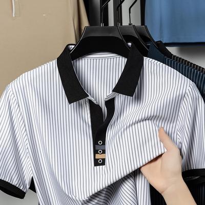 Spårlös Revers Randig Kortärmad T-shirt Pappa Klänning Kortärmad Pikétröja Män