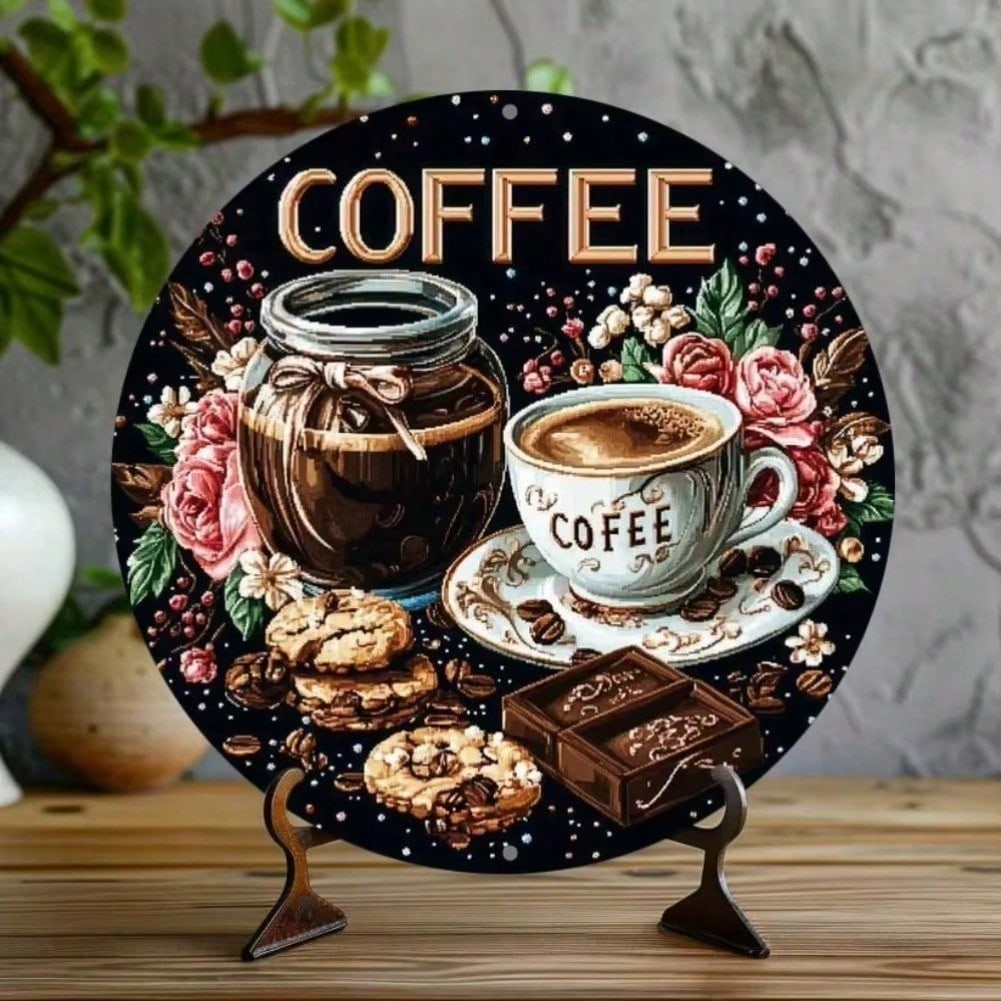 Round Vintage Aluminum Coffee Metal Sign with Floral Decor for Kitchen Wall Living Room Office Party Decoration