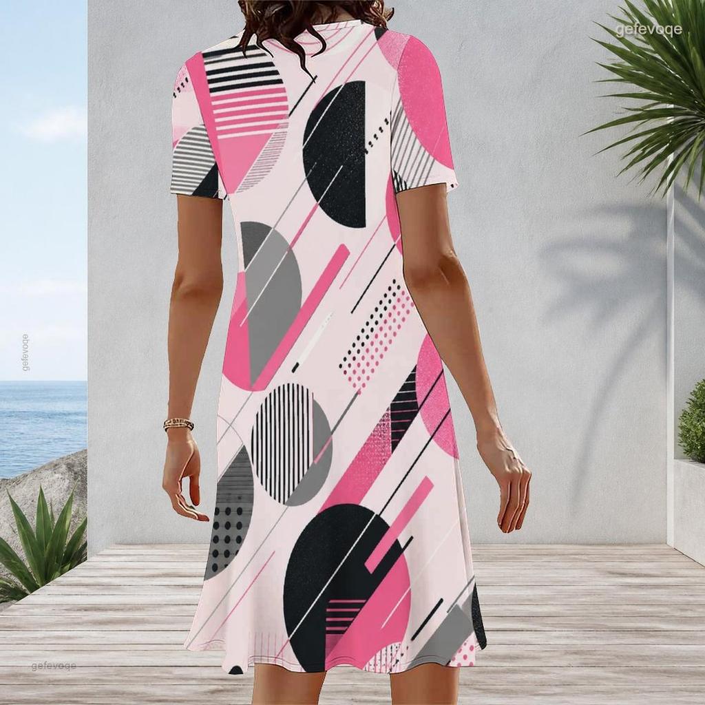 Women Plus Size Round Neck Short Sleeve Geometric Printed A Line Midi Dress