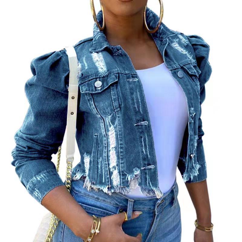 Women's Puff Sleeve Ripped Denim Jacket