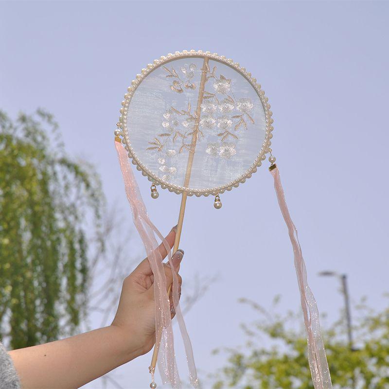 Taneční vějíř - Ručně vyšívaný vějíř s třásněmi pro Hanfu a dětský tanec