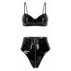Dámský Lakovaný Podprsenkový Top Mokrého Vzhledu Kalhotky s Vysokým Střihem Bez Kostice Přední Zip Lingerie Set Rave Klubový Outfit