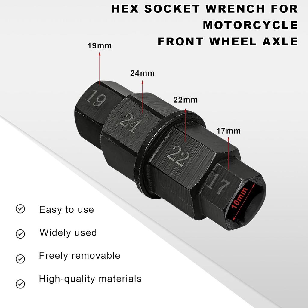 Hex Axle Tool for Motorcycle Front Axle Wheel, 17/19/22/24mm Hex Axles Adapter Spindle Driver Socket, 3/8" Square Drive Front Wheel Axles Tool for