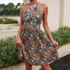 European and American women's clothing new floral fashion pleated sexy sleeveless neck dress