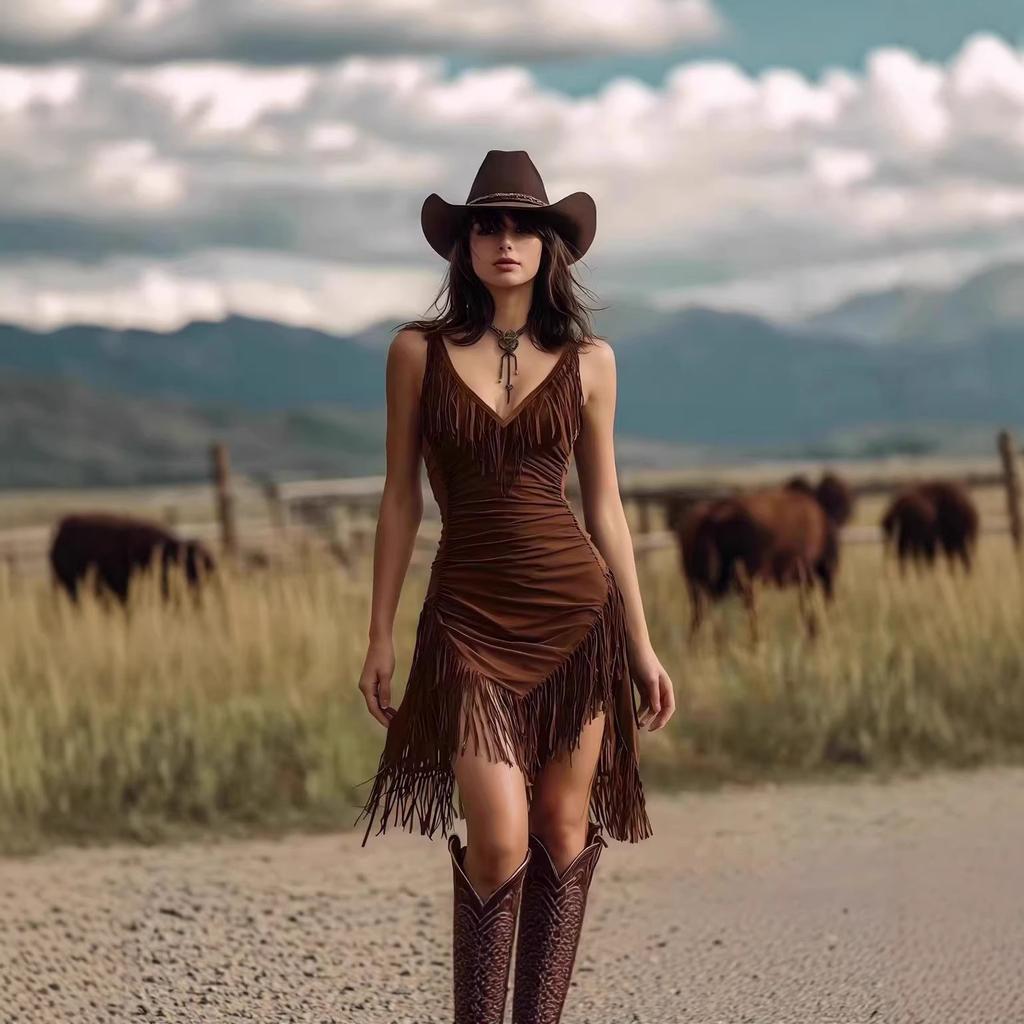 European and American new women's dress, sexy deep V suspender cut fringe slim dress