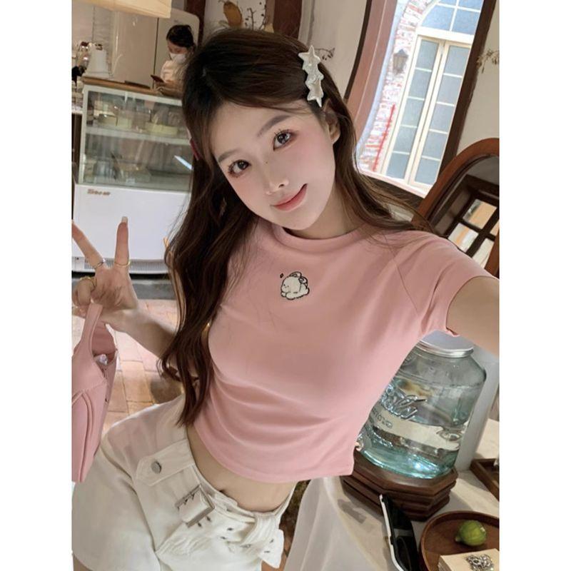 New slim-fit short inner top rabbit embroidery pink open-button front shoulder short-sleeved sweet and spicy T-shirt for women