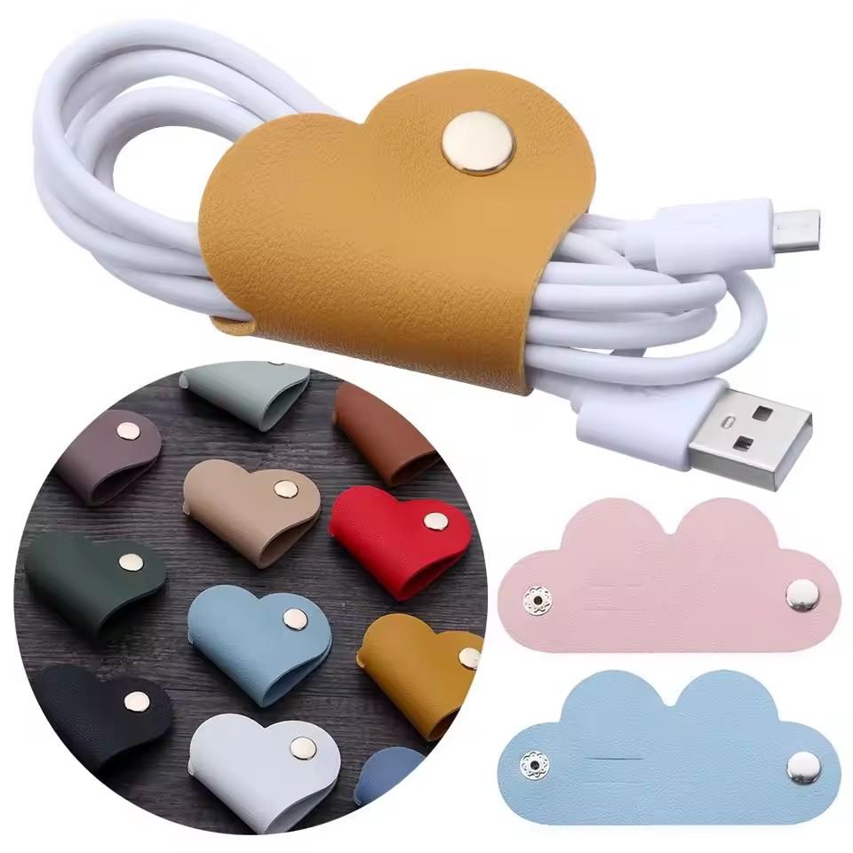 Multifunctional PU Leather Phone Data Cable Organizer Data Storage Heart-shaped Cable Clip Hub Wired Headphone Winding Clip2027