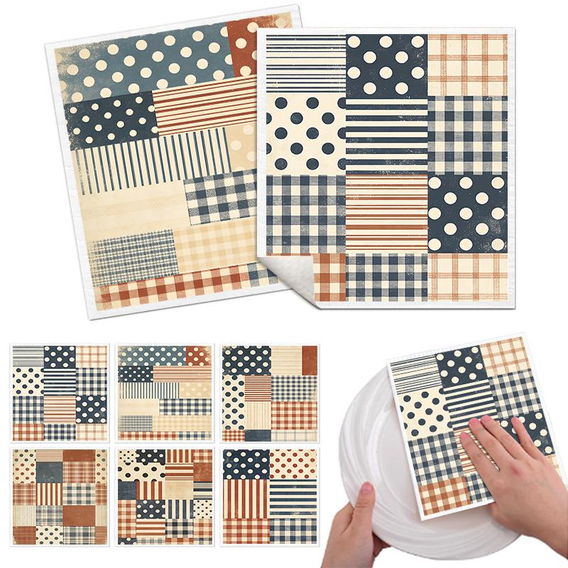 6PCS Cleaning Dishcloths Reusable Kitchen Dish Towels Grid Stripe Pattern Dishcloth Absorbent Lint Free Cloth Washable Duster Rags Tea Towels