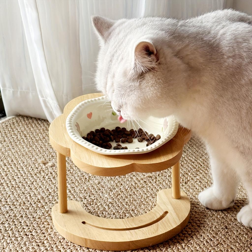 Elevated Ceramic Pet Bowl with Wooden Stand - Anti-Spill Cat Food Bowl & Dog Feeder, Neck-Protective Design for Cats and Dogs