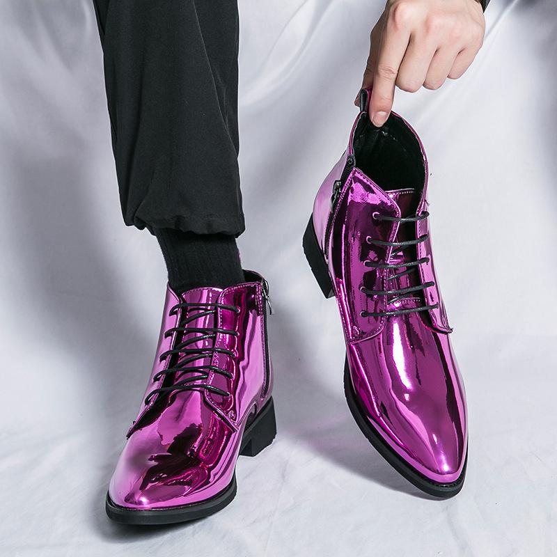 Men's Autumn High-Top Pointed Toe Boots - Trendy Martin Style, Stylish Patent Leather with Side Zipper.