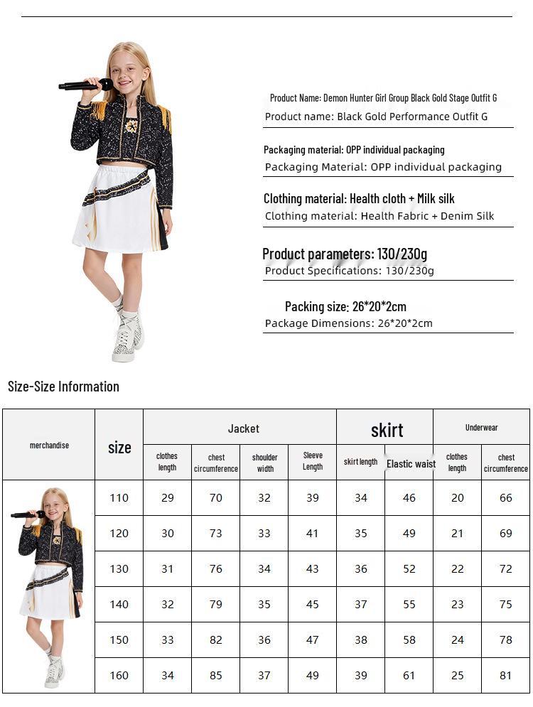 Black Gold 2-Piece Demon Hunter Pop Singer Costume for Girls - Cool 3D Print Children's Outfit
