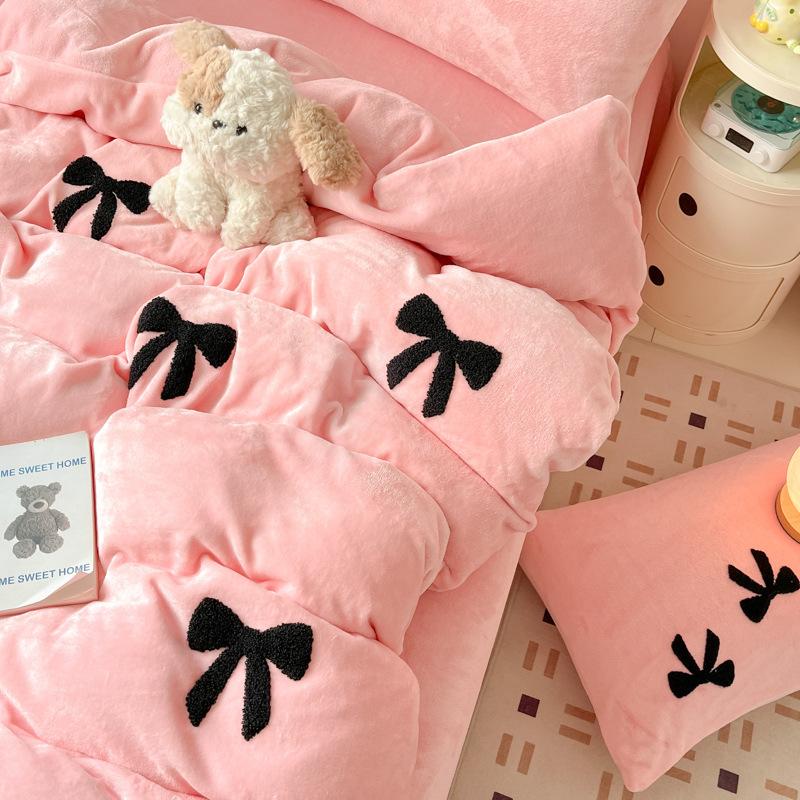 Bow High Gram Weight Thickened Milk Fleece Towel Embroidery Four-Piece Set Bed Sheet Quilt Cover Bedding Three-Piece Set