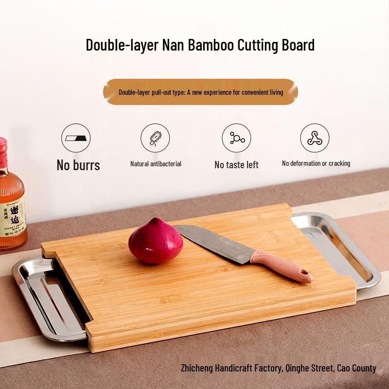 Thick Bamboo Cutting Board with Stainless Steel Tray for Home Use