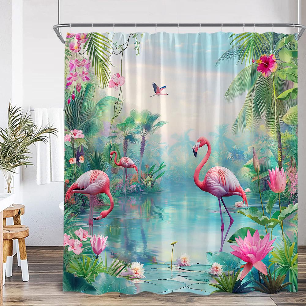 Flamingo Shower Curtain Set Pink Bird Tropical Leaf Rainforest Jungle Bathroom Decor Spring Summer Bath Mat Toilet Lid Cover