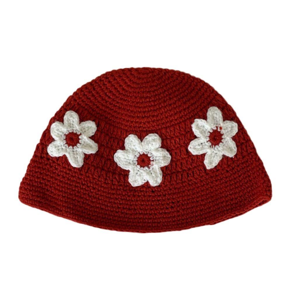 Knitted Bucket Hat Flower Panama Hat Portable Fisherman Cap  for Women