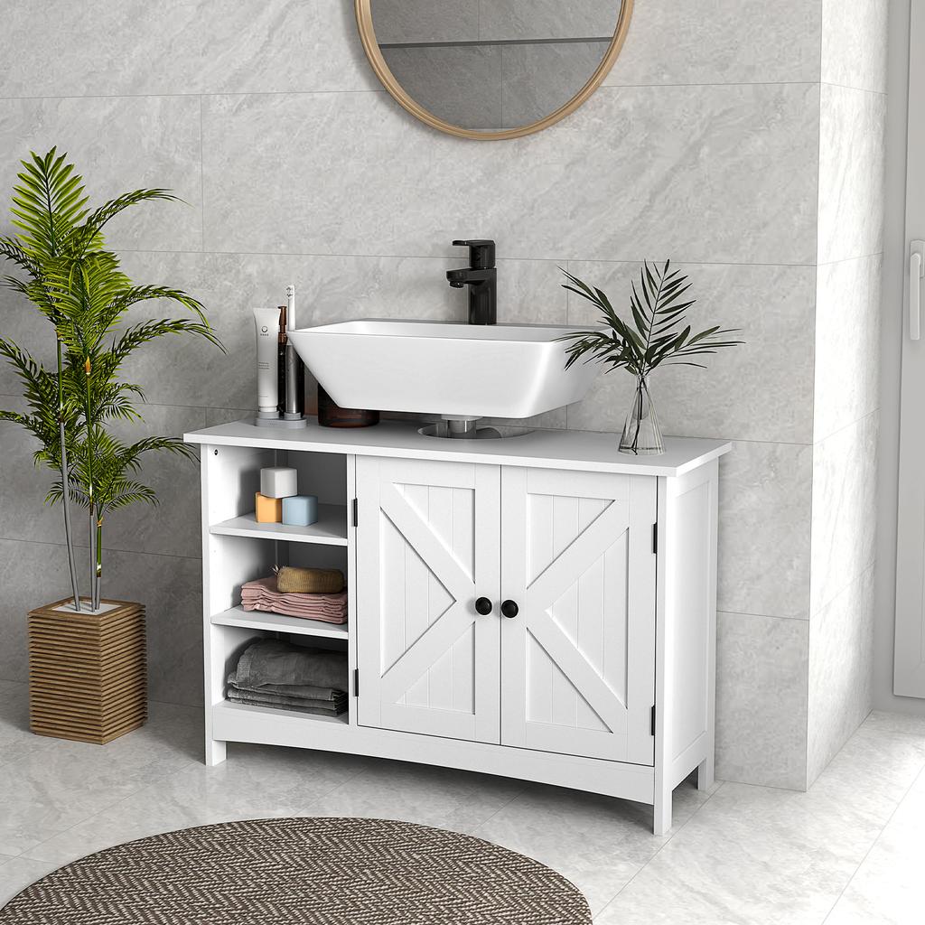 Bathroom Vanity Unit with 2-Door Cabinet and 3 Open Shelves, Made of Wood. 90x30x60cm. White