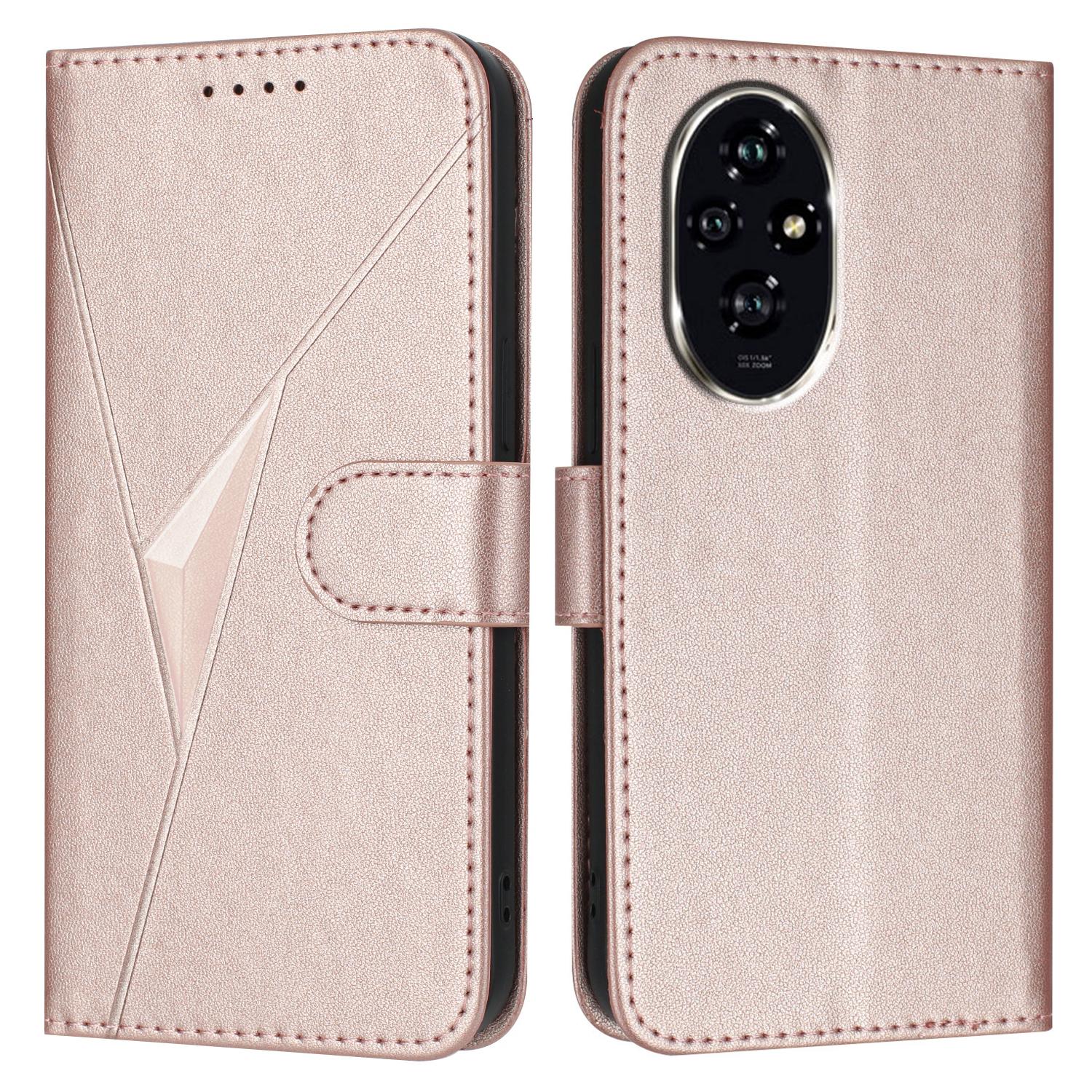 

For Honor 200 Pro 5G Case Triangle Imprint Leather Phone Cover with Lanyard Rose Gold