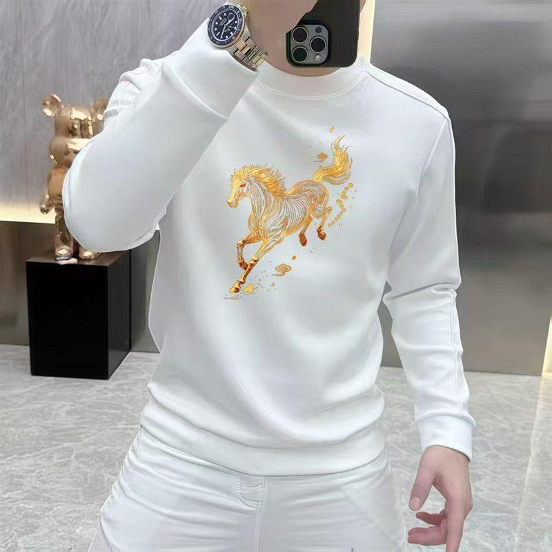 Men's Korean Style Year of the Horse Red Coral Fleece Hoodie, Thickened, Loose Fit, Pure Cotton, Round Neck, Autumn/Winter