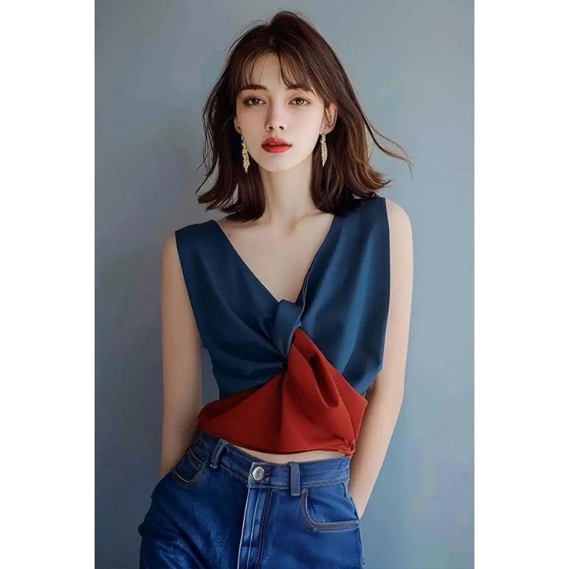 Французская Красная и Синяя Атласная Рубашка-Топ на Бретельках с V-образным Вырезом для Женщин Летний Прохладный Стиль Высококачественный Роскошный Нишевый Топ S синий