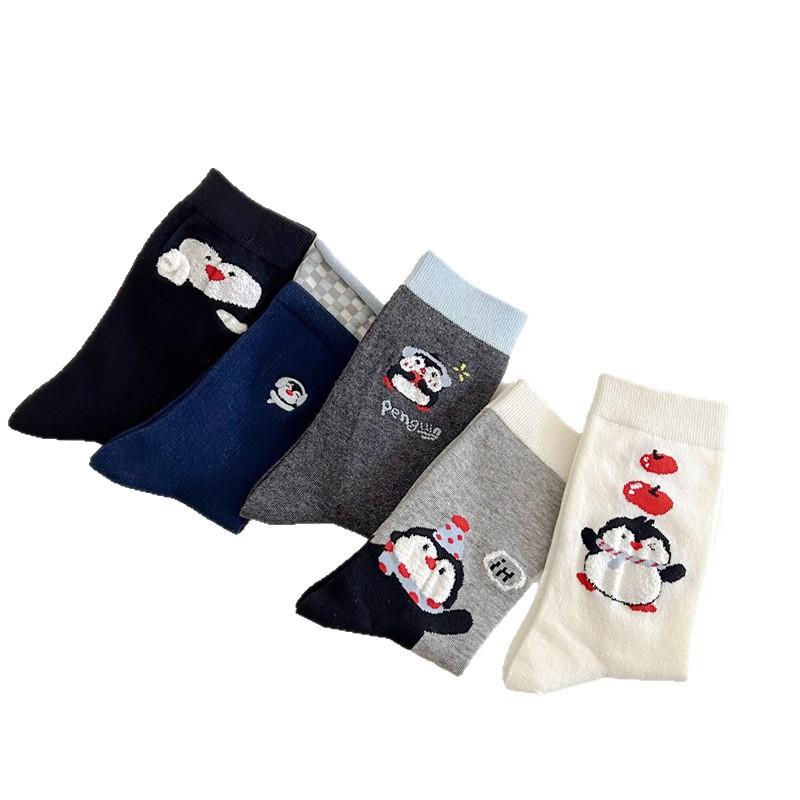 Penguin Socks Medium Tube Socks Tide Cartoon Embroidery Flocking Lace Cute Pure Cotton Stacking Socks