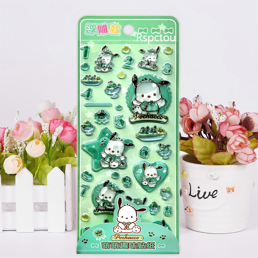 4Pcs Sanrio Anime 3D Crystal Relief Stickers Cute Kuromi My Melody Pochacco Cartoon Decal Phone Laptop Fridge Kawaii Sticker Toy